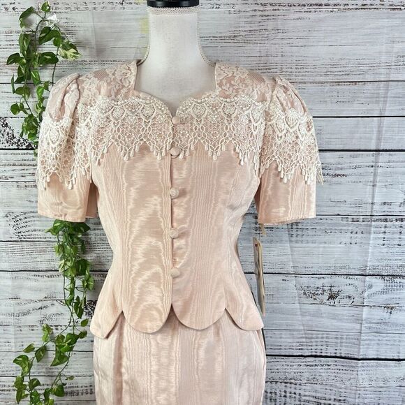 Vintage Scott McClintock Skirt Suit size 8 Pink Taffeta Lace 80's Wedding Prom - Picture 5 of 16